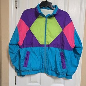 Vintage 90s Color Cues Colorblock Print Nylon Windbreaker Jacket Large